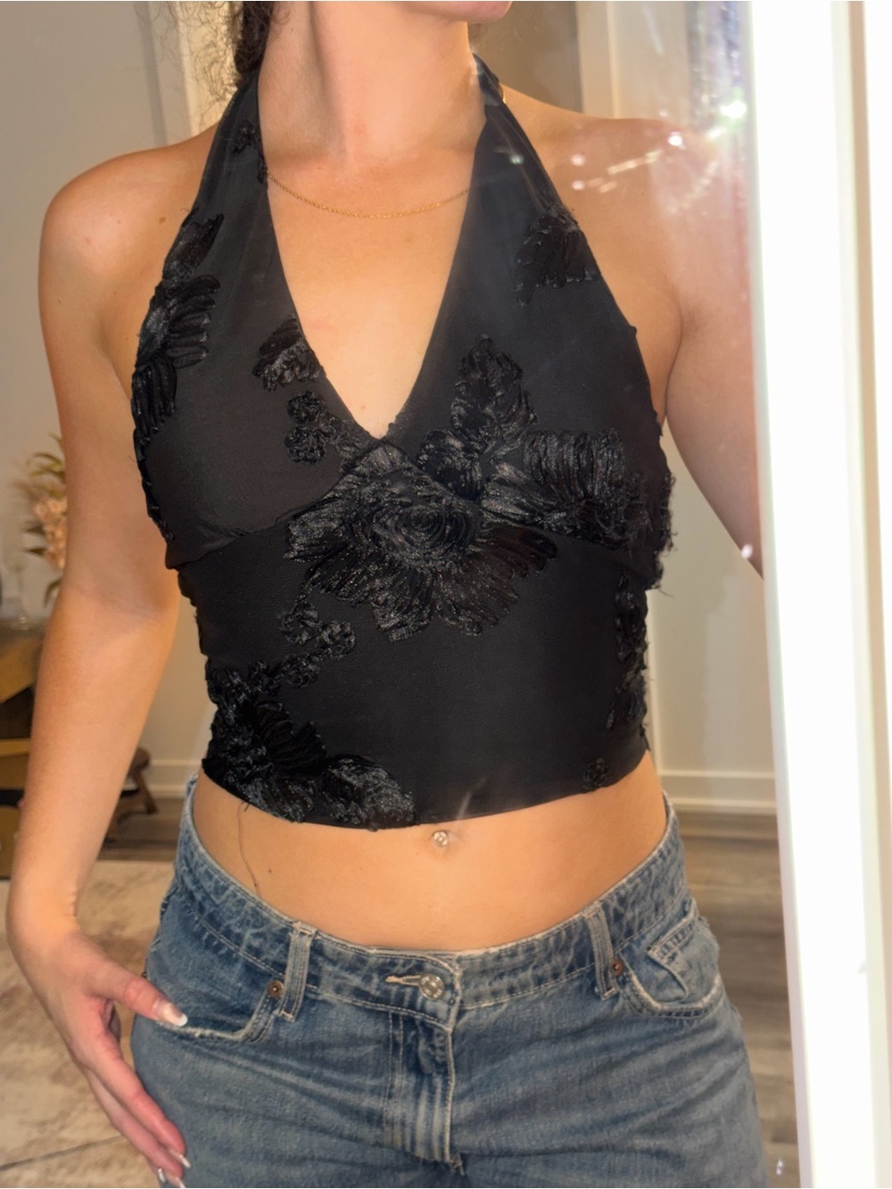 Peppermayo Black Floral Halter Crop Top